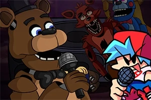 Un oso animatrónico con sombrero sostiene un micrófono junto a un personaje animado con cabello azul y rojo, ambos listos para cantar, con otros personajes en el fondo
