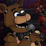 Un oso animatrónico con sombrero sostiene un micrófono junto a un personaje animado con cabello azul y rojo, ambos listos para cantar, con otros personajes en el fondo