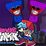 Personaje animado con gorra roja cantando frente a dos criaturas grandes y coloridas con sonrisas amplias y ojos blancos
