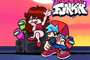 Caricaturas de dos personajes animados, uno con micrófono y cabello azul, y otro con cabello castaño, sentados sobre bocinas frente a un fondo colorido