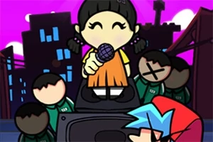 Personajes animados cantando con fondo urbano y cielo púrpura brillante