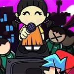 Personajes animados cantando con fondo urbano y cielo púrpura brillante
