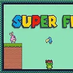 Título Super Frog en letras coloridas sobre personajes de estilo retro, incluyendo una rana verde, un conejo rosado, un pájaro azul y un enemigo con casco