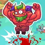Demonio rojo musculoso con cuernos y barba verde saltando cerca de un pájaro, con salpicadura de sangre en el suelo