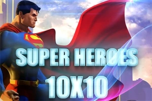 Superhéroe volando con una capa roja en un cielo despejado, con el texto SUPER HEROES 10X10