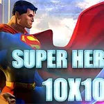 Superhéroe volando con una capa roja en un cielo despejado, con el texto SUPER HEROES 10X10