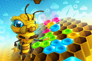 Abeja caricaturesca junto a un panal con hexágonos de colores brillantes sobre un fondo azul