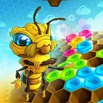 Abeja caricaturesca junto a un panal con hexágonos de colores brillantes sobre un fondo azul