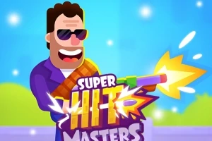 Personaje caricaturesco con gafas de sol y una sonrisa, sosteniendo un arma de juguete que dispara llamas, con un fondo azul y un logotipo prominente