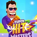 Personaje caricaturesco con gafas de sol y una sonrisa, sosteniendo un arma de juguete que dispara llamas, con un fondo azul y un logotipo prominente