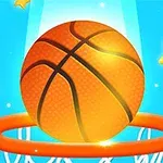 Balón de baloncesto cayendo en un aro anaranjado con estrellas doradas alrededor sobre un fondo azul