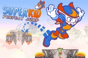 Un personaje en un traje azul y naranja salta dinámicamente en un escenario de plataformas, con el título Super Kid Perfect Jump en la parte superior izquierda