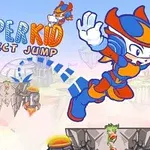Un personaje en un traje azul y naranja salta dinámicamente en un escenario de plataformas, con el título Super Kid Perfect Jump en la parte superior izquierda