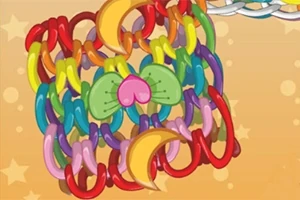 Una imagen de cadenas entrelazadas de colores formando la cara de un gato con orejas verdes y una nariz rosada sobre un fondo con estrellas