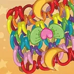 Una imagen de cadenas entrelazadas de colores formando la cara de un gato con orejas verdes y una nariz rosada sobre un fondo con estrellas