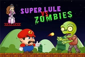 Personaje de bigote y gorra roja enfrentándose a un zombi verde mientras una princesa observa desde una plataforma