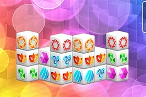 Cubos blancos con patrones coloridos dispuestos en filas sobre un fondo multicolor
