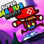Un personaje con sombrero rojo y overol azul salta en un paisaje nocturno con árboles y un cielo púrpura