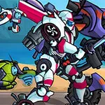 Un robot blanco con detalles rojos y azules sostiene una espada mientras se enfrenta a un robot morado en una escena de batalla futurista