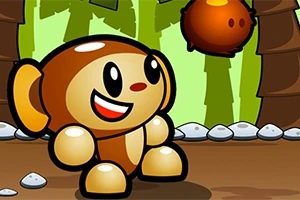 Mono animado sonriente en un entorno de jungla caricaturesco con palmeras y un coco cayendo