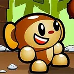 Mono animado sonriente en un entorno de jungla caricaturesco con palmeras y un coco cayendo