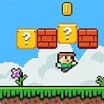 Personaje pixelado saltando entre bloques con signo de interrogación y una tubería con planta amenazante en un paisaje de fondo azul
