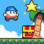 Personaje pixelado con gorra azul saltando hacia una estrella dorada brillante junto a un cofre rojo y un árbol de palma