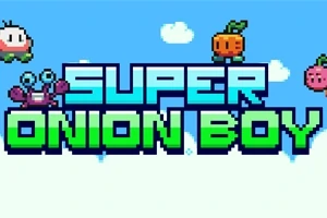 Texto pixelado Super Onion Boy con pequeños personajes de estilo retro y nubes en el fondo