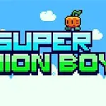 Texto pixelado Super Onion Boy con pequeños personajes de estilo retro y nubes en el fondo