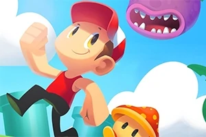 Personaje animado con gorra roja corriendo junto a un hongo amarillo, con un cielo azul y nubes al fondo, y una criatura púrpura arriba