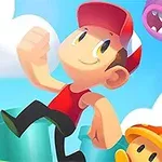 Personaje animado con gorra roja corriendo junto a un hongo amarillo, con un cielo azul y nubes al fondo, y una criatura púrpura arriba
