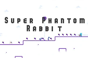 Texto en píxeles negros Super Phantom Rabbit sobre un fondo blanco con plataformas y un pequeño personaje azul en un paisaje simple
