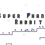 Texto en píxeles negros Super Phantom Rabbit sobre un fondo blanco con plataformas y un pequeño personaje azul en un paisaje simple