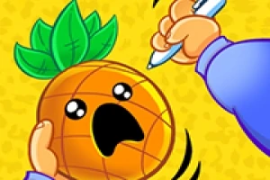 Una piña con cara sorprendida es sostenida por una mano mientras otra mano se acerca con una pluma en un fondo amarillo