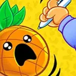 Una piña con cara sorprendida es sostenida por una mano mientras otra mano se acerca con una pluma en un fondo amarillo