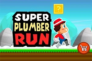 Personaje de videojuego corriendo con gorro rojo y bigote, junto a un bloque amarillo con signo de interrogación y el texto Super Plumber Run