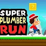 Personaje de videojuego corriendo con gorro rojo y bigote, junto a un bloque amarillo con signo de interrogación y el texto Super Plumber Run