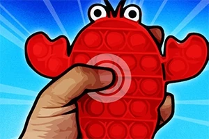 Una mano presionando un juguete sensorial rojo en forma de cangrejo contra un fondo azul con rayos de luz