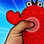 Una mano presionando un juguete sensorial rojo en forma de cangrejo contra un fondo azul con rayos de luz