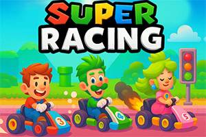 Tres personajes en karts coloridos compiten en una pista, con un semáforo y un paisaje colorido de fondo bajo un cielo azul