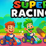 Tres personajes en karts coloridos compiten en una pista, con un semáforo y un paisaje colorido de fondo bajo un cielo azul