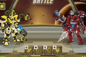 Dos robots de combate, uno amarillo con detalles verdes y otro rojo con taladro y cañón, enfrentándose en una arena futurista