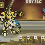 Dos robots de combate, uno amarillo con detalles verdes y otro rojo con taladro y cañón, enfrentándose en una arena futurista