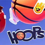 Personaje animado y balón de baloncesto con el texto Hoops sobre un fondo azul