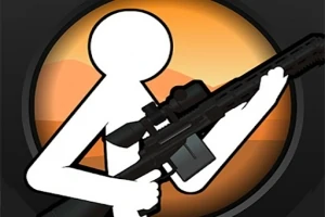 Figura de stickman sosteniendo un rifle de francotirador con fondo de atardecer