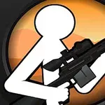 Figura de stickman sosteniendo un rifle de francotirador con fondo de atardecer
