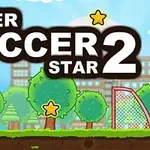 Título Super Soccer Star 2 con fondo colorido que muestra un paisaje con árboles, un balón de fútbol y una portería
