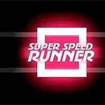 Texto en neón rosa y blanco que dice Super Speed Runner sobre un fondo oscuro con un efecto de resplandor