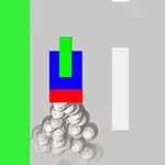 Figura geométrica de colores sobre una carretera gris con líneas blancas, rodeada de un fondo verde, con esferas blancas detrás