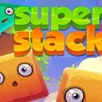 Cubos animados con caras expresivas y coloridas rodean el texto super stack
